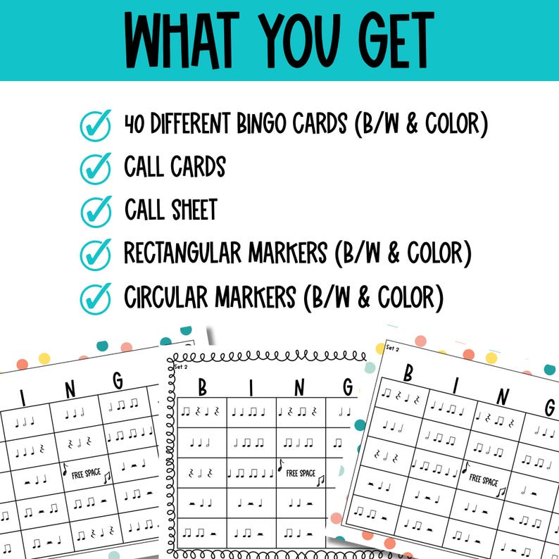 Puede incluir: Un conjunto de 40 tarjetas de bingo diferentes, tarjetas de llamada, una hoja de llamada, marcadores rectangulares y marcadores circulares. Las tarjetas de bingo presentan notas musicales y el texto "BINGO". Los marcadores est&aacute;n disponibles en blanco y negro y en color.