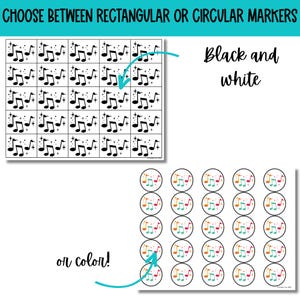 Puede incluir: Dos hojas de pegatinas de notas musicales imprimibles. La primera hoja muestra pegatinas rectangulares en blanco y negro con notas musicales. La segunda hoja muestra pegatinas circulares de colores con notas musicales.