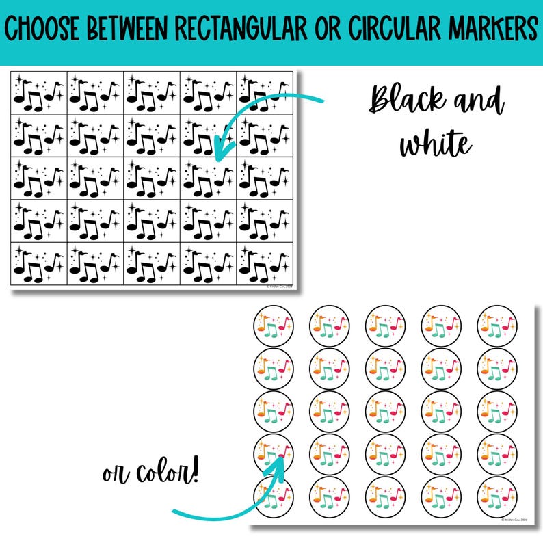 Puede incluir: Dos hojas de pegatinas de notas musicales imprimibles. La primera hoja muestra pegatinas rectangulares en blanco y negro con notas musicales. La segunda hoja muestra pegatinas circulares de colores con notas musicales.