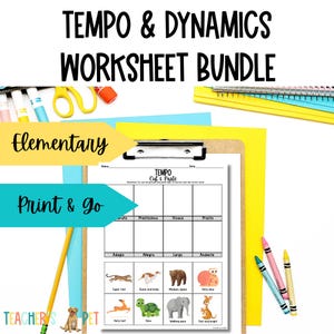 May include: A printable worksheet bundle for elementary students to learn about tempo and dynamics in music. The worksheet features a cut and paste activity with pictures of animals representing different tempos, such as "very fast", "slow", and "walking pace".