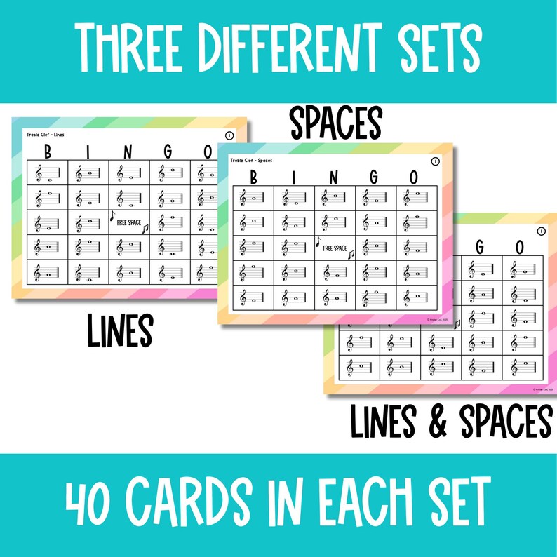 K&ouml;nnte beinhalten: Drei verschiedene Bingo-Kartensets zum Erlernen von Musiknoten auf dem Violinschl&uuml;ssel. Jedes Set enth&auml;lt 40 Karten. Das erste Set ist zum Erlernen der Linien des Violinschl&uuml;ssels, das zweite Set ist zum Erlernen der Zwischenr&auml;ume des Violinschl&uuml;ssels und das dritte Set ist zum Erlernen sowohl der Linien als auch der Zwischenr&auml;ume des Violinschl&uuml;ssels.