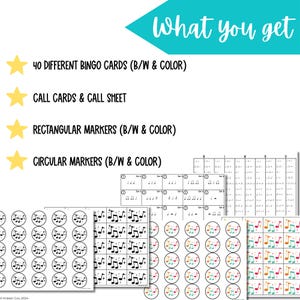 Puede incluir: Un conjunto de 40 tarjetas de bingo diferentes, tarjetas de llamada y una hoja de llamada para un juego de bingo con tem&aacute;tica musical. Las tarjetas est&aacute;n disponibles en blanco y negro y en color. El conjunto tambi&eacute;n incluye marcadores rectangulares y circulares en blanco y negro y en color.