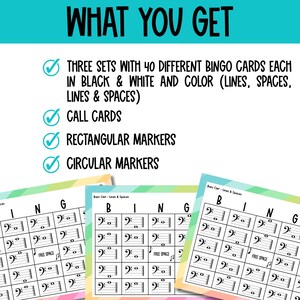 Op de afbeelding: Een set met printbare muziekbingo-kaarten om de noten op de basssleutel te leren. De kaarten hebben een kleurrijk regenboogontwerp en bevatten een gratis vakje. De set bevat ook oproepkaarten, rechthoekige markeringen en ronde markeringen.