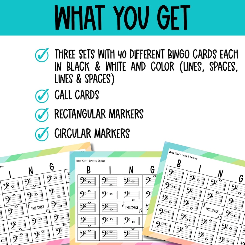 Op de afbeelding: Een set met printbare muziekbingo-kaarten om de noten op de basssleutel te leren. De kaarten hebben een kleurrijk regenboogontwerp en bevatten een gratis vakje. De set bevat ook oproepkaarten, rechthoekige markeringen en ronde markeringen.