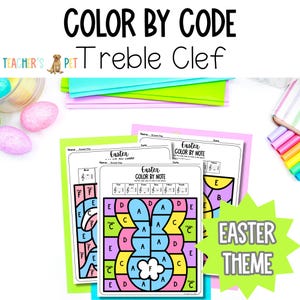 Könnte beinhalten: Arbeitsblätter zum Thema Ostern "Color by Code" mit einem Notenschlüssel-Design. Die Arbeitsblätter zeigen eine Malen-nach-Noten-Aktivität mit einer Osterhasen-Grafik. Der Text "Color by Code" und "Easter Theme" ist enthalten.