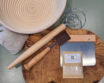 Sourdough Bread Baking Kit: Banneton Proofing Basket, Dough Scraper, Starter & More