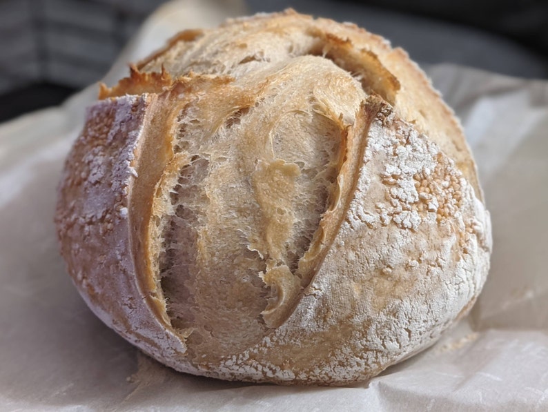 Puede incluir: Una hogaza de pan de masa madre reci&eacute;n horneada con una corteza ligeramente crujiente y un interior suave y aireado.