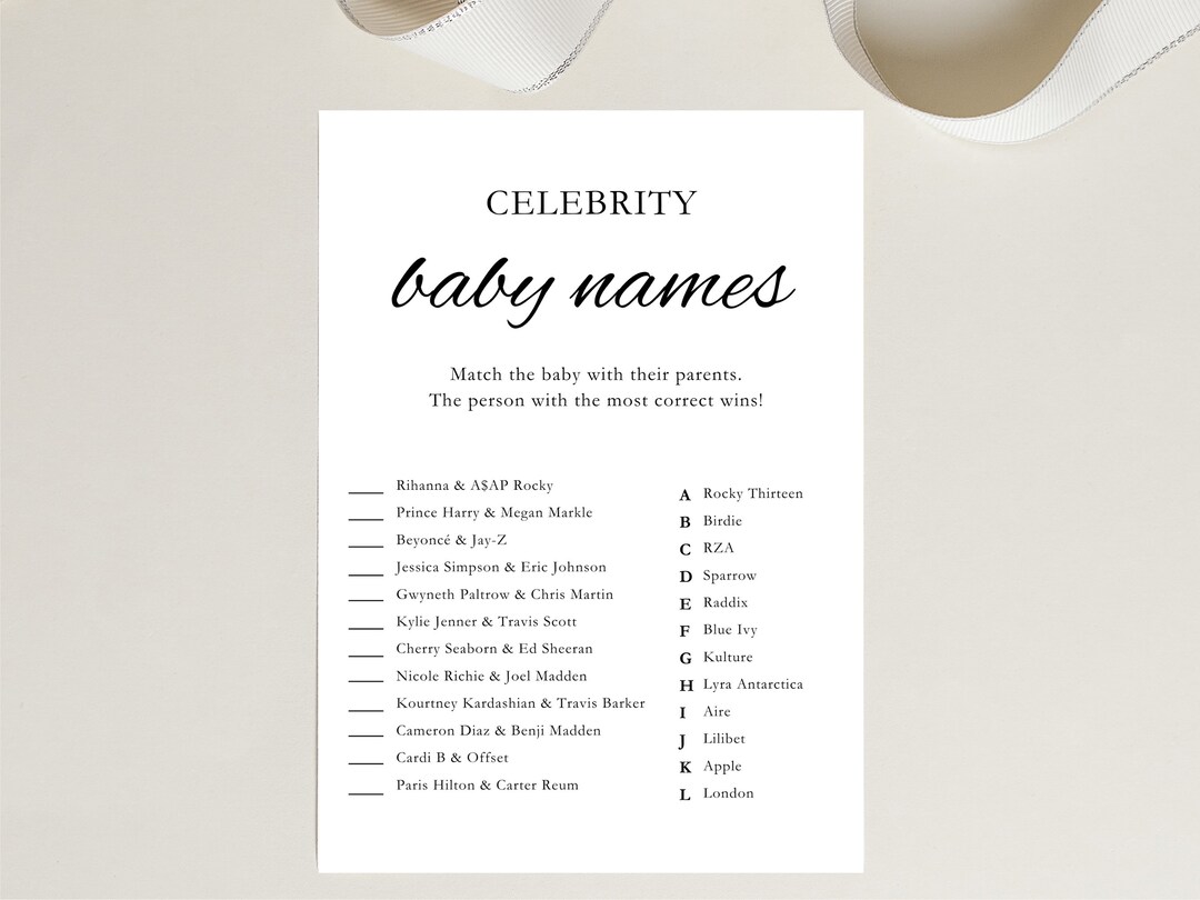 Celebrity Baby Name Shower Game Famous Baby Name Matching Game Baby Shower Game Minimal Baby