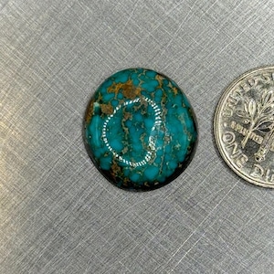 May include: A turquoise cabochon gemstone with brown and black matrix. The stone is oval shaped and measures approximately 1/2 inch in diameter.