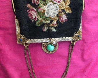 Vintage Ladies Tapestry Enamel and Jeweled Purse