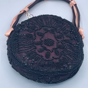 Vintage Runde Schwarze Perlen Damen Geldbörse mit Pfirsich und Schwarzem Stoff Griff