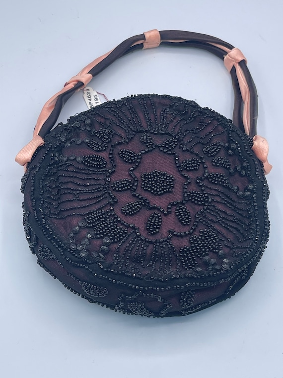 Vintage Round Black Beaded Ladies Purse with Peach