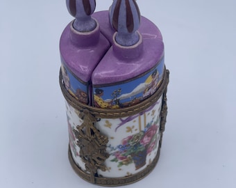 Vintage Perfume (3) French Porcelain Set in Brass Holder
