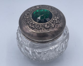 Vintage Large Green Jeweled Sterling Top Cut Glass Jar