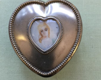 Vintage Sterling w/ Porcelain Heart Shaped  Cut Glass Box