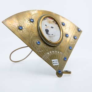 Vintage Victorian Brass Fan with Blue Jewels Picture Frame