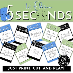 Afdrukbaar spel met 5 seconden-regel - familiespelavond trivia - ideeën voor spelavond - kerkspelavond - damesavondideeën - vrijgezellenspelideeën