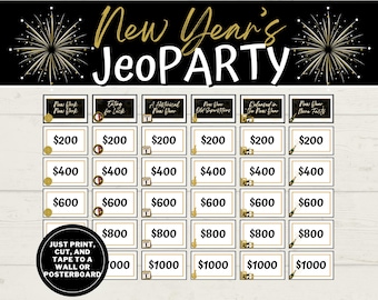 Könnte beinhalten: Ein New Year's JeoPARTY-Spielbrett mit einem Schwarz-Gold-Thema. Das Spielbrett zeigt Kategorien und Geldbeträge von 200 € bis 1000 €. Der Text "JUST PRINT, CUT, AND TAPE TO A WALL OR POSTERBOARD" ist ebenfalls enthalten.