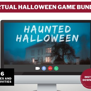 Può includere: Uno schermo di computer mostra un pacchetto di giochi virtuali di Halloween. Lo schermo mostra una casa infestata con le parole "HAUNTED HALLOWEEN". L'immagine include il testo "6 GIOCHI E ATTIVITÀ" e "DOWNLOAD IMMEDIATO".