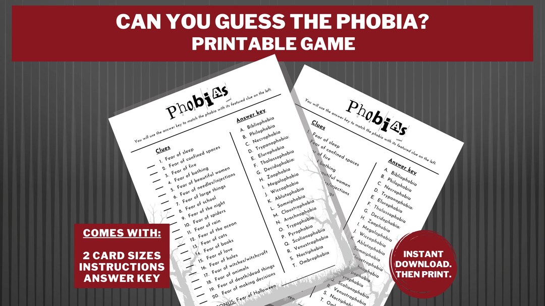 Phobia Trivia Game Printable Game Halloween Party Instant Download - Etsy