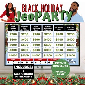 May include: A digital game board for "Black Holiday JeoPARTY" displayed on a television screen. The game board features categories like "Black Holiday Movies" and "Christmas Toys." Includes a scoreboard and is available for instant download.