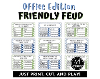 May include: A game set titled "Office Edition FRIENDLY FEUD" with nine game cards displayed. Each card features a question and answer format. The set includes 64 cards and the text "JUST PRINT, CUT, AND PLAY!"