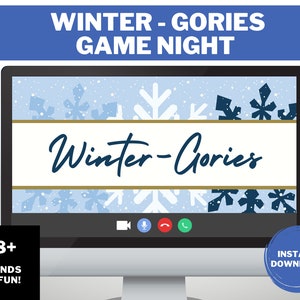 May include: A computer monitor displays a winter-themed graphic with snowflakes and the text "Winter-Gories Game Night." The screen also features the text "Winter-Gories" in a cursive font, along with the words "18+ Rounds of Fun!" and "Instant Download."