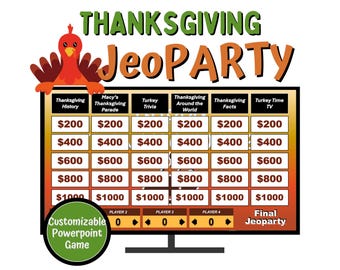 May include: Thanksgiving Jeopardy game board with categories like Thanksgiving History and Turkey Trivia. A cartoon turkey sits above the game board. The game is customizable and designed for PowerPoint.