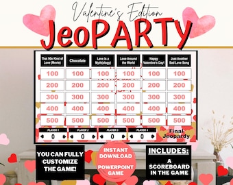 Jogo de PowerPoint Jeopardy do Dia dos Namorados - Noite de jogos para casais - Jogo de PowerPoint personalizável do Dia dos Namorados - Jogo virtual - Download instantâneo