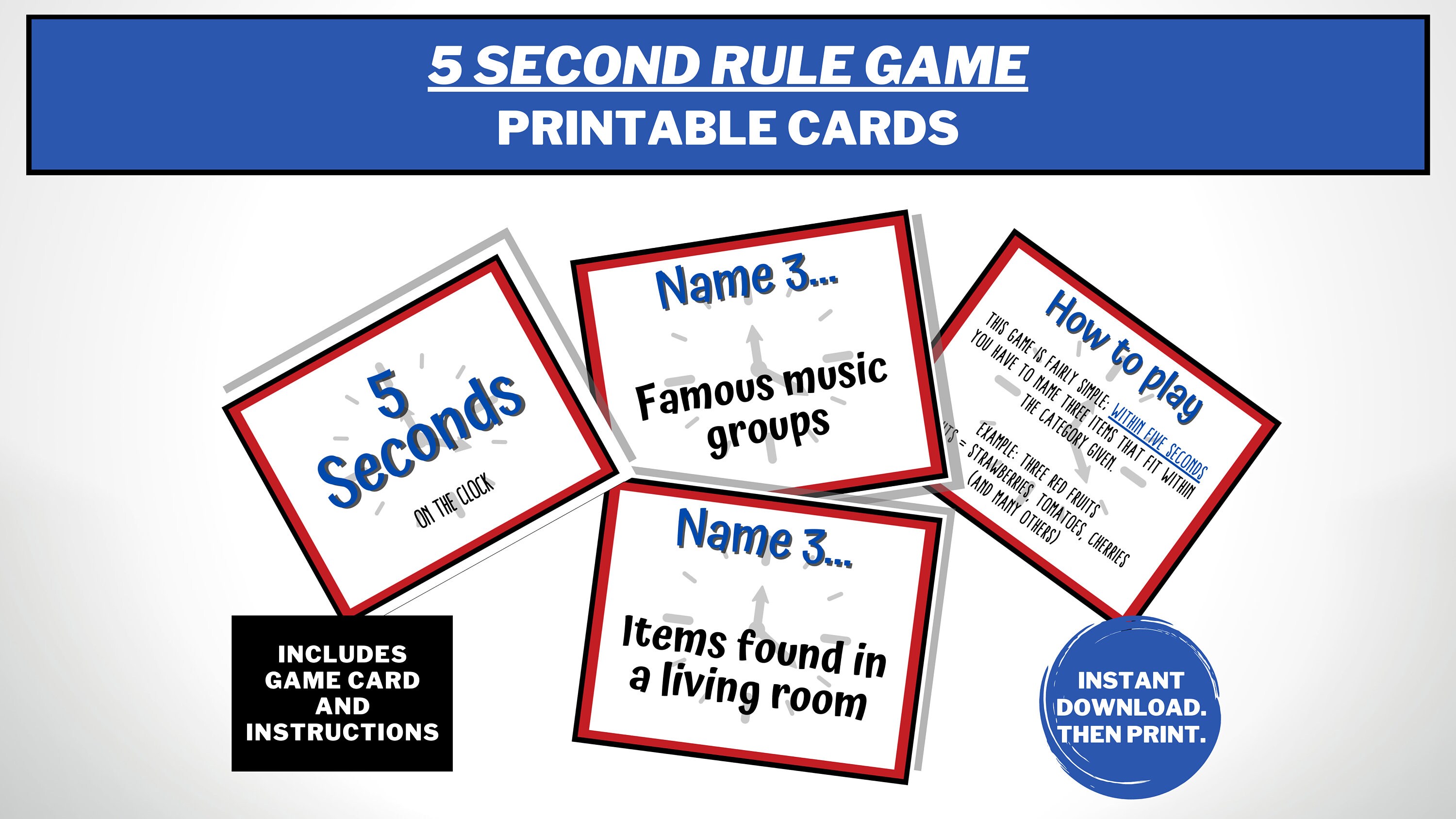5 Second Rule Printable Game 50 Rounds Instant Download - Etsy