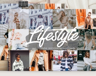 May include: A collage of images featuring women in various settings, showcasing different styles and fashion trends. The text "Lifestyle" is prominently displayed in white lettering on a gray background. The caption "Desktop and Mobile Lightroom Presets" is also included.