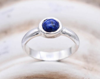 Lapis Lazuli Gemstone Ring, Handmade 925 Sterling Silver Ring, Round Lapis Lazuli Ring, Gift for her, Promise Ring, Stackable Dainty Ring