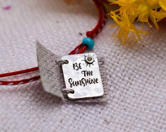 Sterling Silver Charm Bracelet,Inspirational Charm Bracelet,Be the Sunshine Quote Bracelet with Zircon,Adjustable Cord Bracelet,Gift for Her