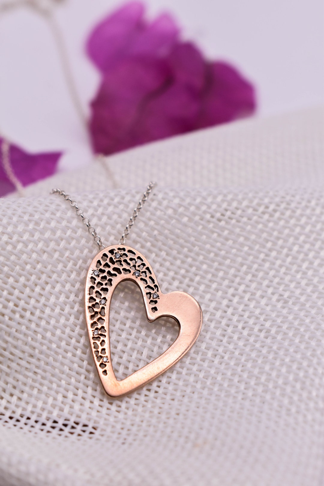Rose Gold Heart Necklace Zircon Heart Necklace Dainty Silver Etsy