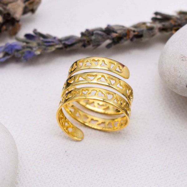 Gold Spiral Ring, 925 Sterling Silber Verstellbarer Ring, Eleganter minimalistischer Schmuck, zierlicher Goldring, Geschenk für Mama, Weihnachtsgeschenk für Sie