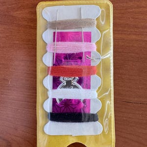 May include: A white cardboard spool wrapped with five distinct colors of embroidery thread including beige, pink, red, white, and black. Two silver sewing needles are inserted vertically through the thread. The spool is inside a yellow plastic sleeve.