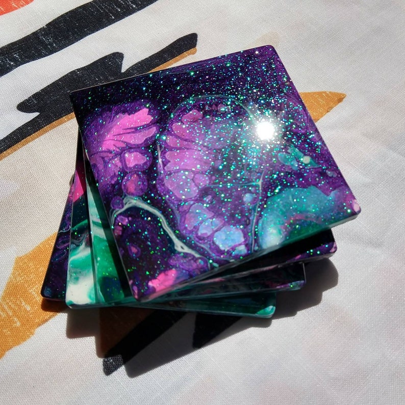 Decorative acrylic pour painting coasters sealed with resin. Etsy