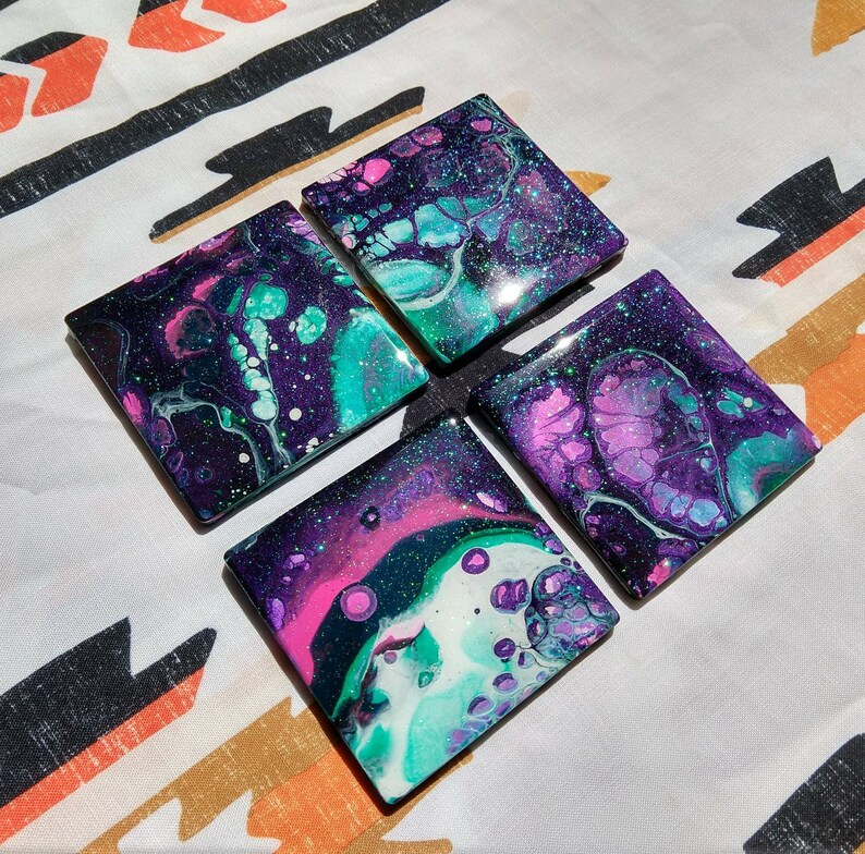 Decorative acrylic pour painting coasters sealed with resin. Etsy