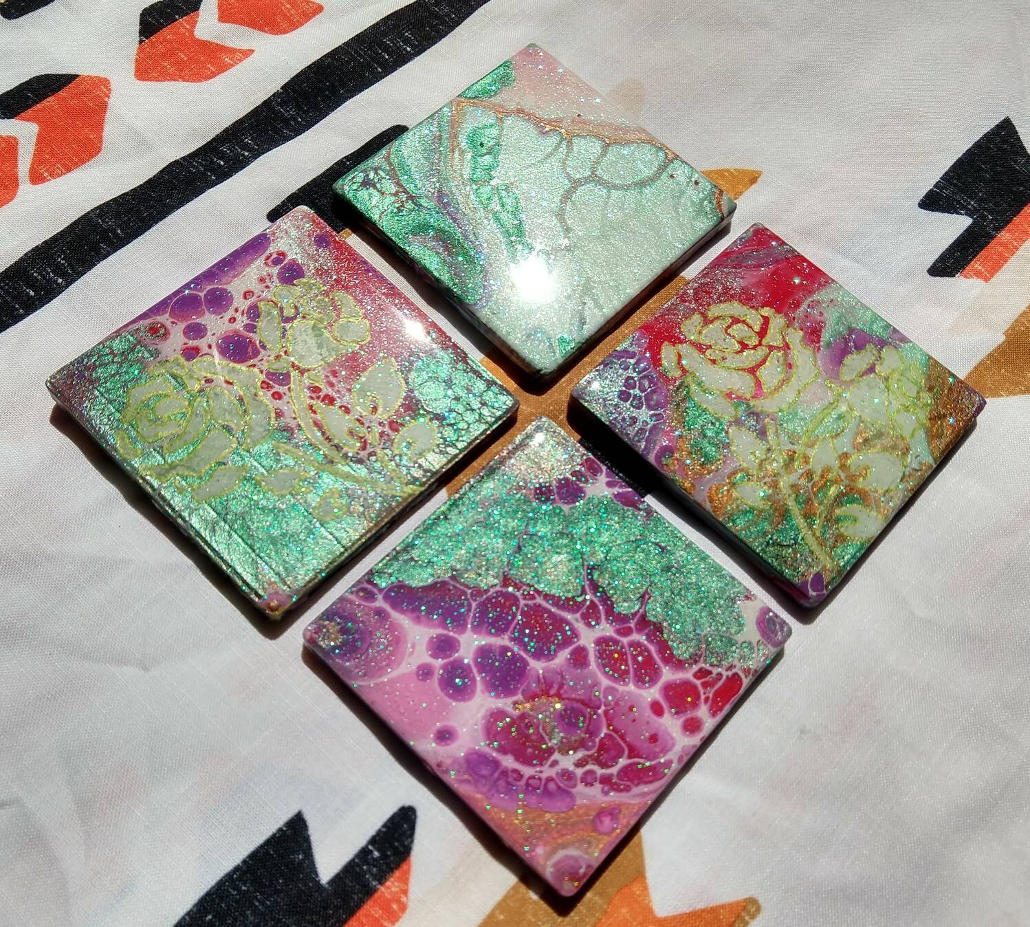 Decorative acrylic pour painting coasters sealed with resin Etsy