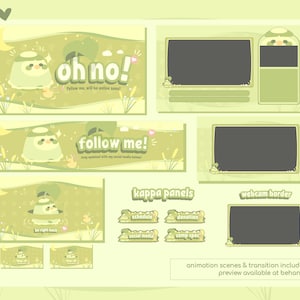 Può includere: Un set di overlay per stream Twitch verdi e gialli con un personaggio di rana dei cartoni animati. Gli overlay includono una scheda del titolo, uno striscione "Seguimi", un bordo per webcam e pannelli kappa per programma, donazioni, social media e specifiche del computer.