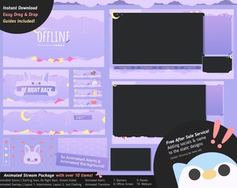 Cute Purple Bunny Rabbit Twitch Overlay Stream Design - Cloud Moon Sky