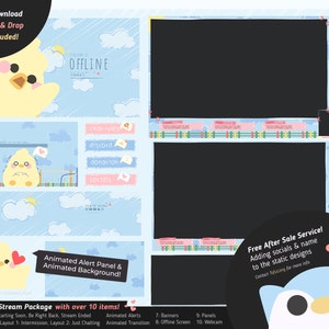 May include: Animated stream package with over 10 items. The package includes animated scenes, overlays, layouts, alerts, transitions, banners, panels, and a webcam. The package features a cute yellow chick design with a blue and pink color scheme. The text "OFFLINE" is displayed in a pink box.