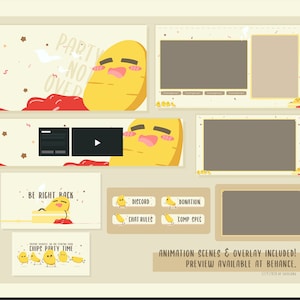 Peut inclure: Un ensemble de superpositions de flux Twitch animées mettant en scène un personnage de pomme de terre en dessin animé. Les superpositions comprennent une scène avec le personnage de pomme de terre disant "La fête n'est pas finie", une scène avec le personnage de pomme de terre disant "Je reviens tout de suite", et une scène avec le personnage de pomme de terre dansant avec d'autres personnages de pomme de terre. Les superpositions comprennent également un panneau de dons, un panneau de règles de discussion et un panneau de spécifications de compétition.