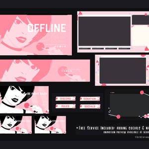 May include: A pink and black streamer offline screen with a stylized illustration of a woman with a lollipop. The screen includes text that says "OFFLINE" and "BE RIGHT BACK". There are also buttons for Discord, Donation, Rules, and Socials.