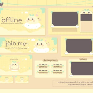 May include: A set of Twitch stream overlays featuring a cute cartoon bird character. The overlays include a 'join me' banner, an 'offline' screen, a 'stream ended' screen, and a set of 'choco panels' for schedule, donation, social media, and comp spec.