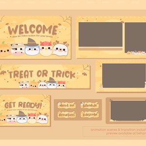 Puede incluir: Superposición de transmisión de Twitch con temática de Halloween con una pancarta de bienvenida, una pancarta de truco o trato, una pancarta de prepárate y cuatro botones para sobre mí, horario, donación y suscribirse. Las pancartas presentan lindos animales de dibujos animados vestidos con disfraces de Halloween.