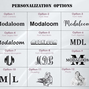 May include: A chart showing 12 different personalization options for a product, with each option showing a different font, monogram style, or design. The options include "Modaloom" in various fonts, a round monogram, a monogram with initials, a drawing of a person, and a photo.