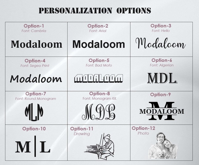 May include: A chart showing 12 different personalization options for a product, with each option showing a different font, monogram style, or design. The options include "Modaloom" in various fonts, a round monogram, a monogram with initials, a drawing of a person, and a photo.
