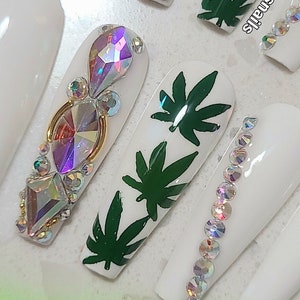 420ㅣwhite green leaf STONE bling Press On Nails | Fake Nails | Gel Acrylic Nails | Crystal Elegant Nails | Luxury Nails