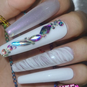 XXL WHITE MARBLE press on nails | Gel Acrylic Nails | Crystal Elegant Nails | Luxury Nails | Bride nails | bling nails